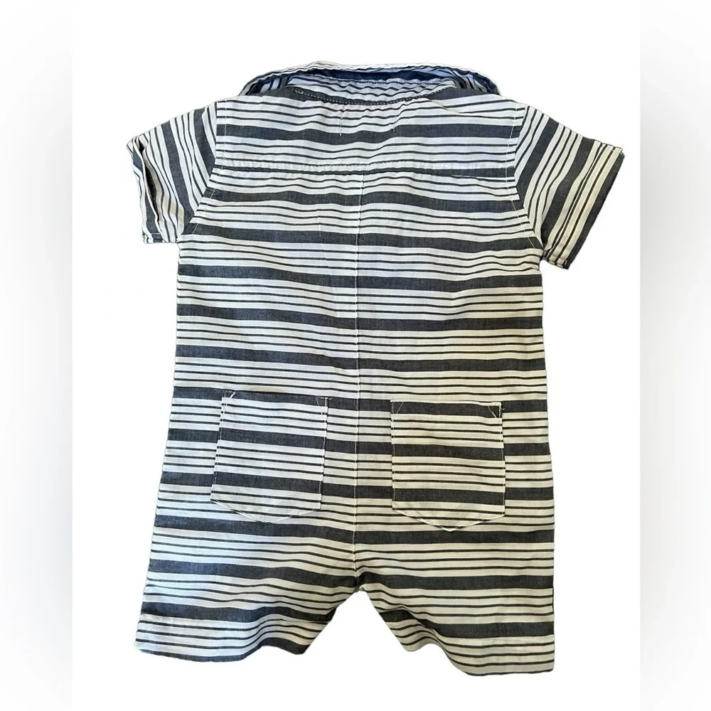 DKNY 6-9 months navy & white striped baby short sleeve collar dress shirt onesie